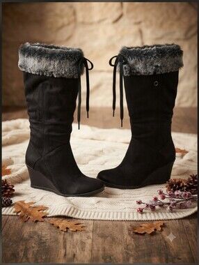 Lower East Side Women's Black Faux-Fur Trim Suede Wedge Boots, Size 7.5